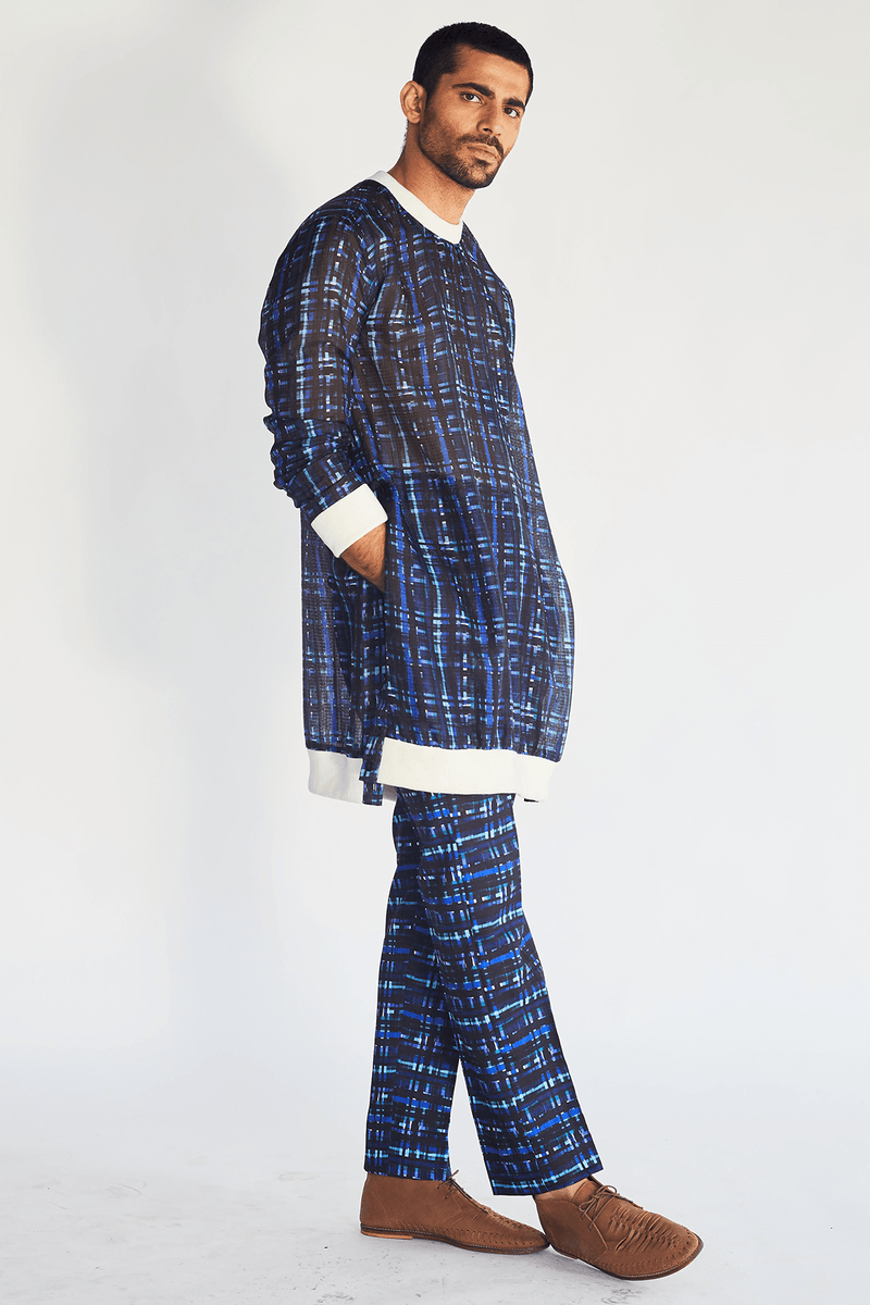 Openend Mesh Print Long Jacket with Pullover Kurta and Printed Trousers - Kunal Anil Tanna