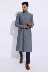 Grey asymmetrical mock layered textured kurta set - Kunal Anil Tanna