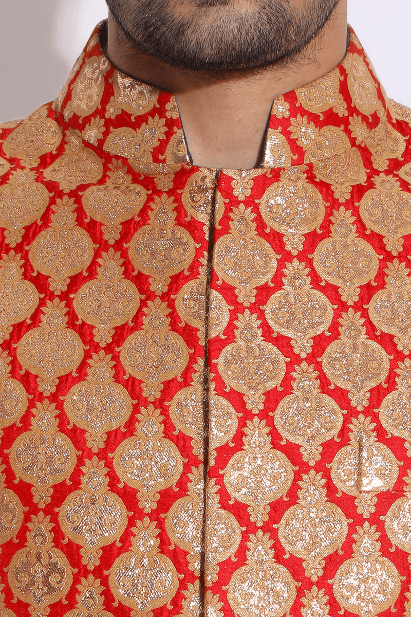 Red brocade bandi jacket with beige kurta set (Express Delivery) - Kunal Anil Tanna