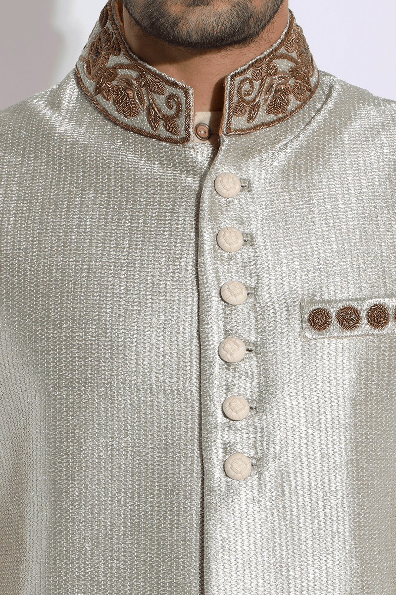 Gold texture with embroidery bandi and ivory kurta with peach aligarhi set (Express Delivery) - Kunal Anil Tanna