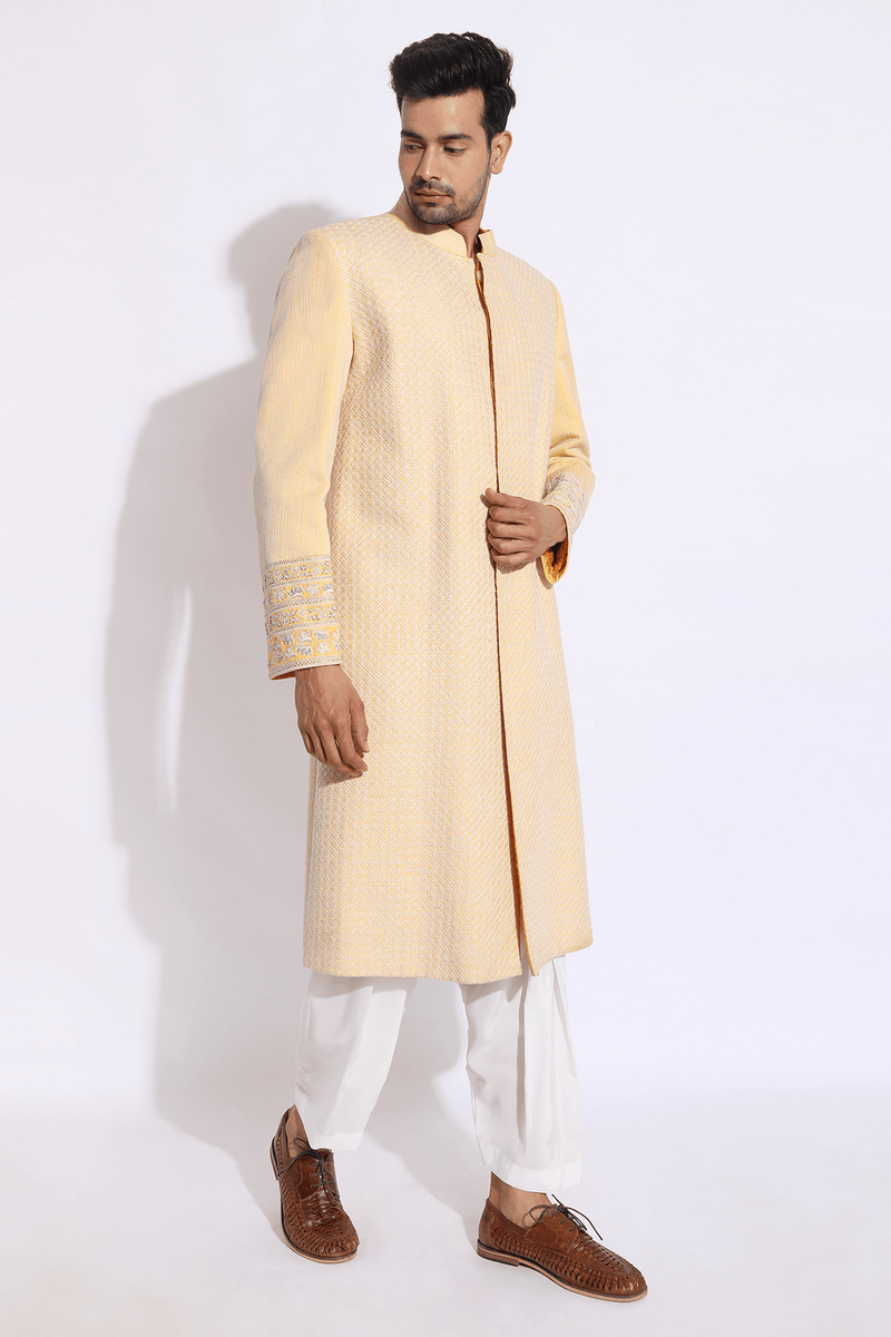 Light Yellow with Ivory Texture Sherwani Set - Kunal Anil Tanna