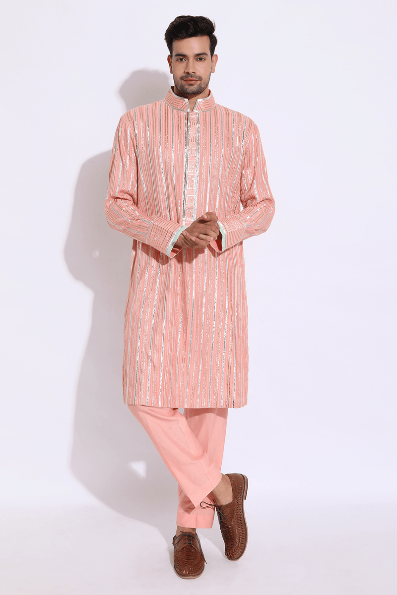 Light peach with zari lines Kurta set - Kunal Anil Tanna