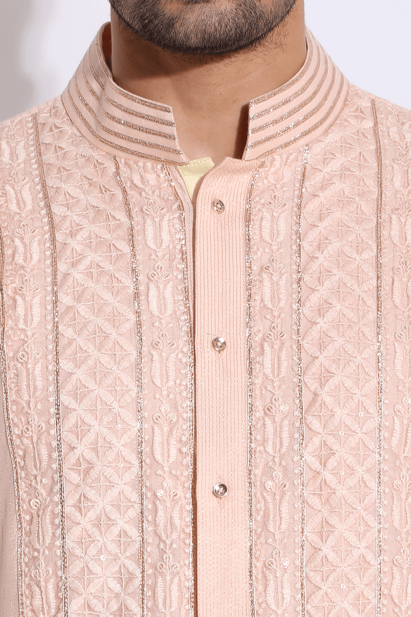 Light peach with thread embroidery Kurta set (Express Delivery) - Kunal Anil Tanna