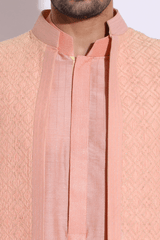 Peach thread embroidered open bandi jacket with peach kurta set - Kunal Anil Tanna