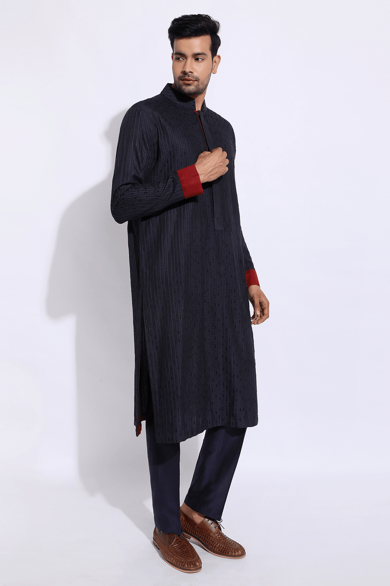 Dark blue with thread texture Kurta Set - Kunal Anil Tanna