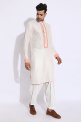 Ivory with Peach and Orange Pleating Detail Kurta Set (Express Delivery) - Kunal Anil Tanna