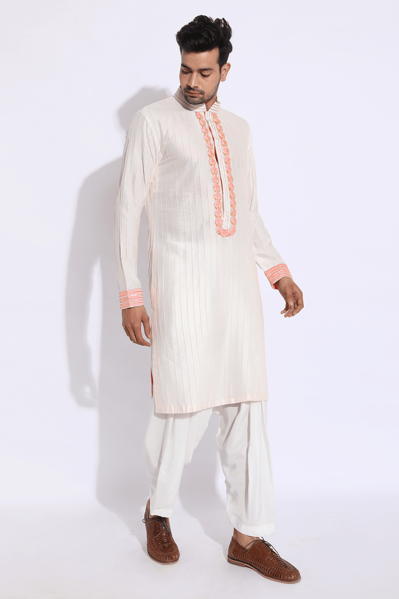 Ivory with Peach and Orange Pleating Detail Kurta Set (Express Delivery) - Kunal Anil Tanna
