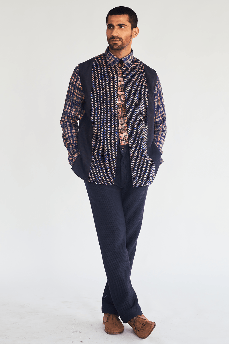 Textured Bandi Jacket with Printed Shirt and Quilted Trousers - Kunal Anil Tanna