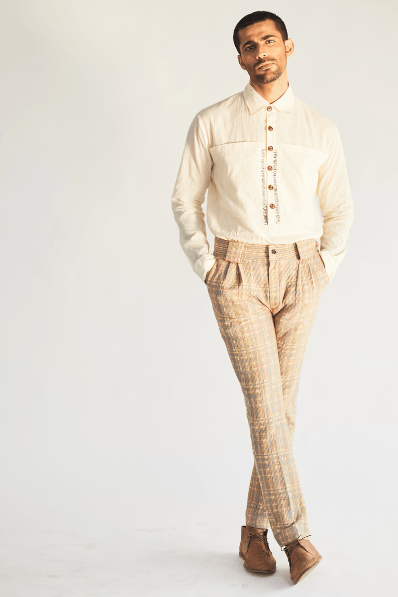 Ivory Long Shirt Jacket with Shirt and Mesh Faded Print Pants - Kunal Anil Tanna