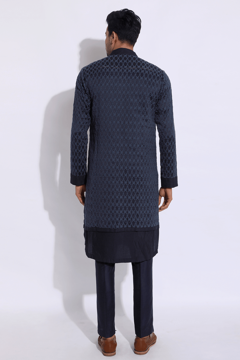 Dark Blue Mock Layered Kurta Set - Kunal Anil Tanna