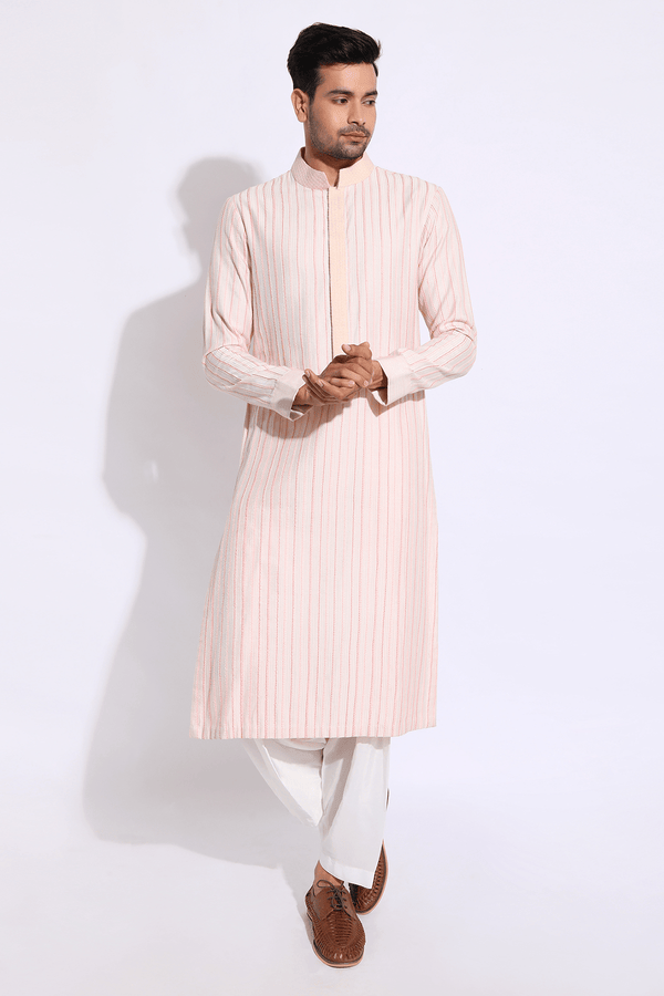 Ivory with pink thread texture kurta set (Express Delivery) - Kunal Anil Tanna