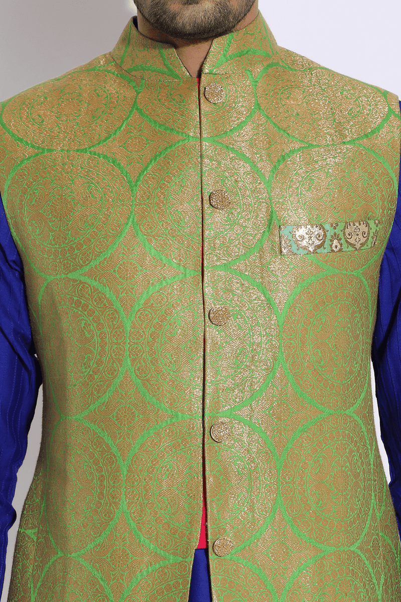 Green brocade bandi jacket with blue kurta set - Kunal Anil Tanna