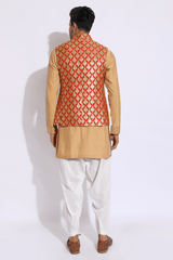 Red brocade bandi jacket with beige kurta set (Express Delivery) - Kunal Anil Tanna