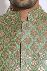 Green brocade bandi jacket with beige kurta set - Kunal Anil Tanna