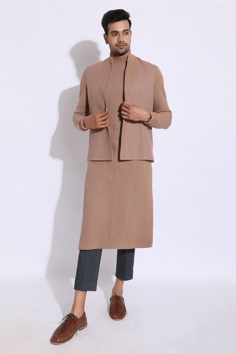 Beige Textured Bandi Jacket with quilted Polo Neck Kurta & Trousers (Express Delivery) - Kunal Anil Tanna