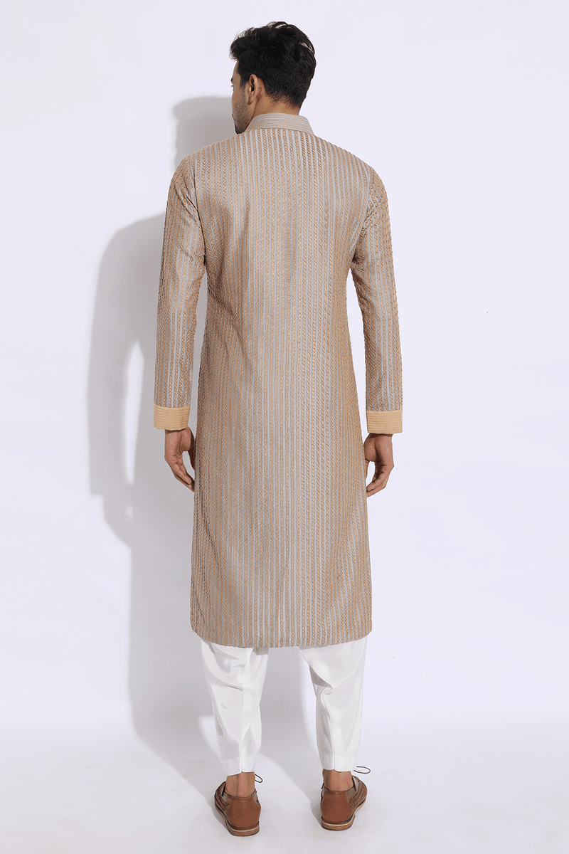 Grey with Beige Thread Texture Kurta Set - Kunal Anil Tanna