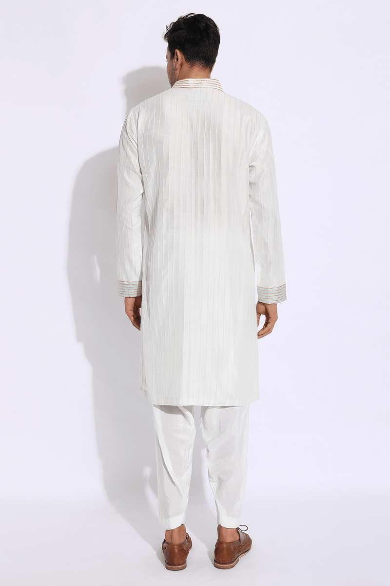 Ivory with blue pleating detail Kurta set (Express Delivery) - Kunal Anil Tanna
