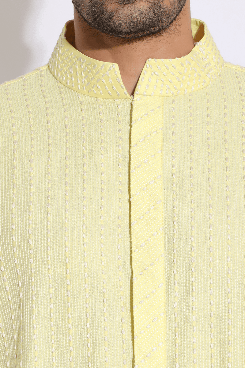 Light yellow with thread texture Kurta Set - Kunal Anil Tanna