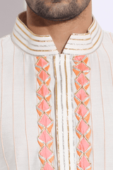 Ivory with Peach and Orange Pleating Detail Kurta Set (Express Delivery) - Kunal Anil Tanna