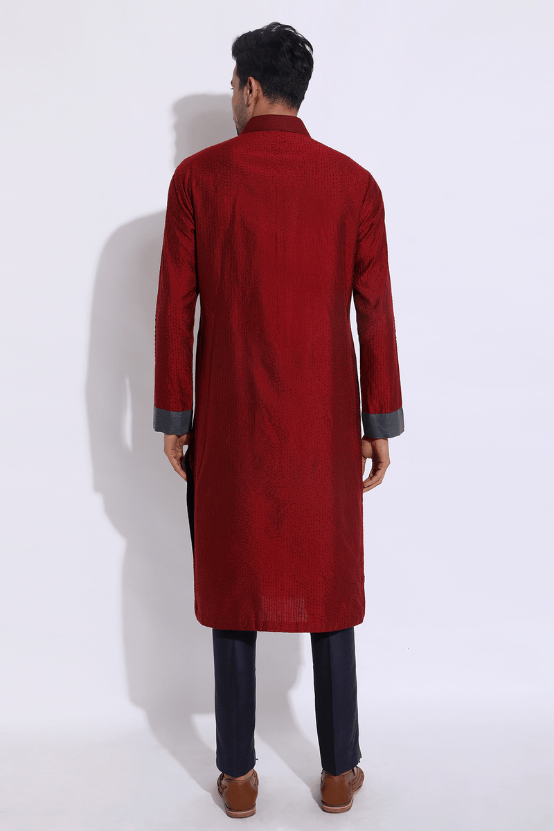 Dark red with thread texture shirt kurta set - Kunal Anil Tanna