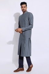 Grey asymmetrical mock layered textured kurta set - Kunal Anil Tanna