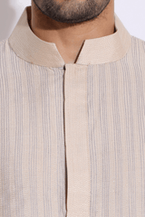 Beige with dark lilac thread texture kurta set - Kunal Anil Tanna