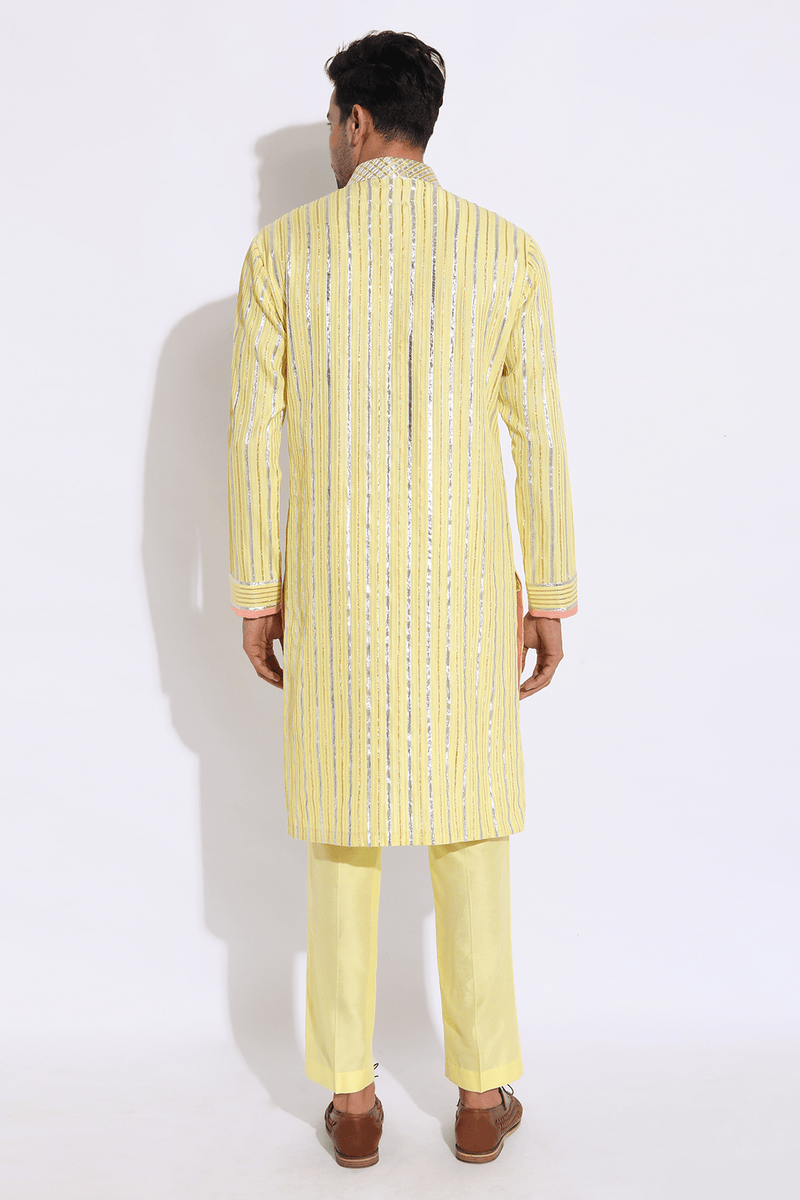 Light yellow with zari lines Kurta set (Express Delivery) - Kunal Anil Tanna