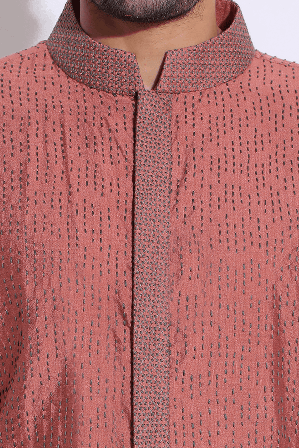 Salmon with grey thread texture Kurta Set (Express Delivery) - Kunal Anil Tanna