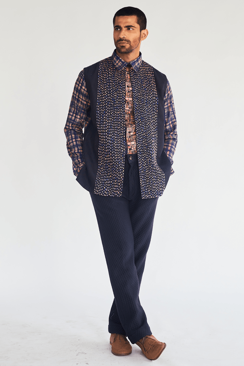 Textured Bandi Jacket with Printed Shirt and Quilted Trousers (Express Delivery) - Kunal Anil Tanna
