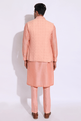 Peach thread embroidered open bandi jacket with peach kurta set - Kunal Anil Tanna