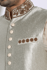 Gold texture with embroidery bandi and ivory kurta with peach aligarhi set - Kunal Anil Tanna