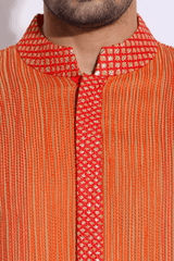 Beige with red and orange thread texture kurta set (Express Delivery) - Kunal Anil Tanna