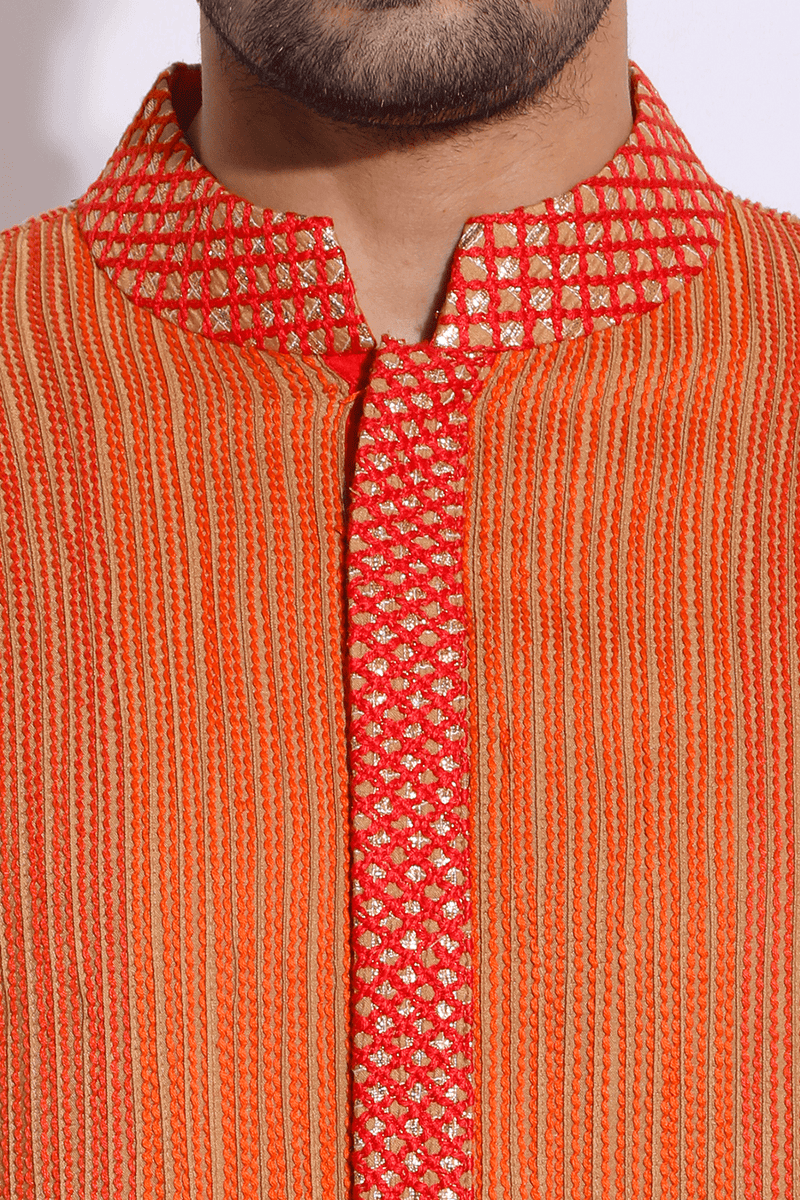 Beige with red and orange thread texture kurta set (Express Delivery) - Kunal Anil Tanna