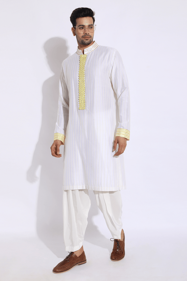 Ivory with Lime Yellow Matting detail Kurta Set (Express Delivery) - Kunal Anil Tanna