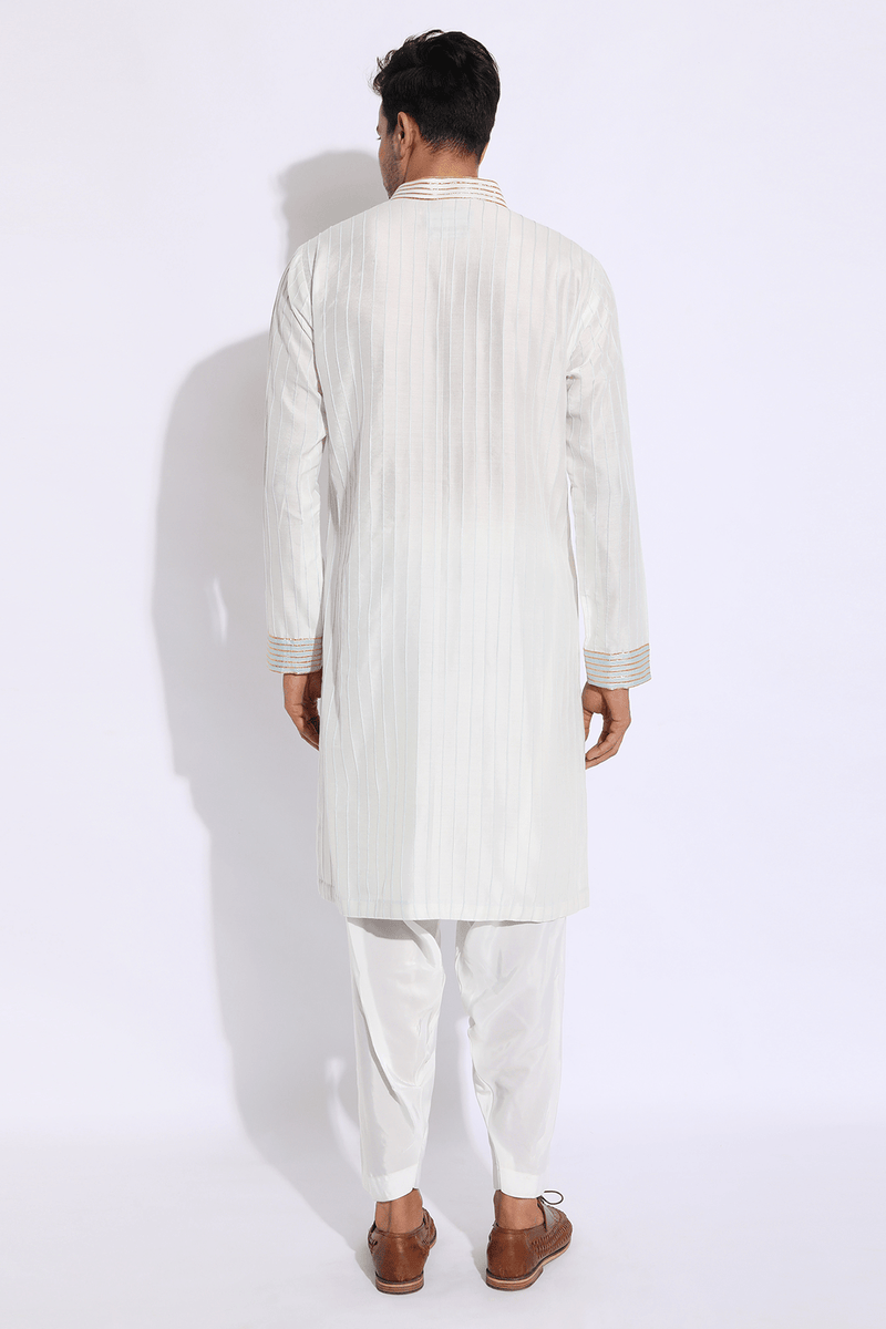 Ivory with blue pleating detail Kurta set - Kunal Anil Tanna