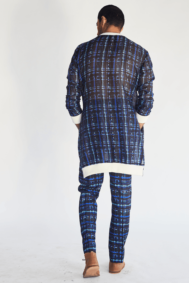 Openend Mesh Print Long Jacket with Pullover Kurta and Printed Trousers - Kunal Anil Tanna