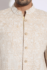 Beige with ivory Embroidery Sherwani Set - Kunal Anil Tanna