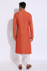 Beige with red and orange thread texture kurta set (Express Delivery) - Kunal Anil Tanna