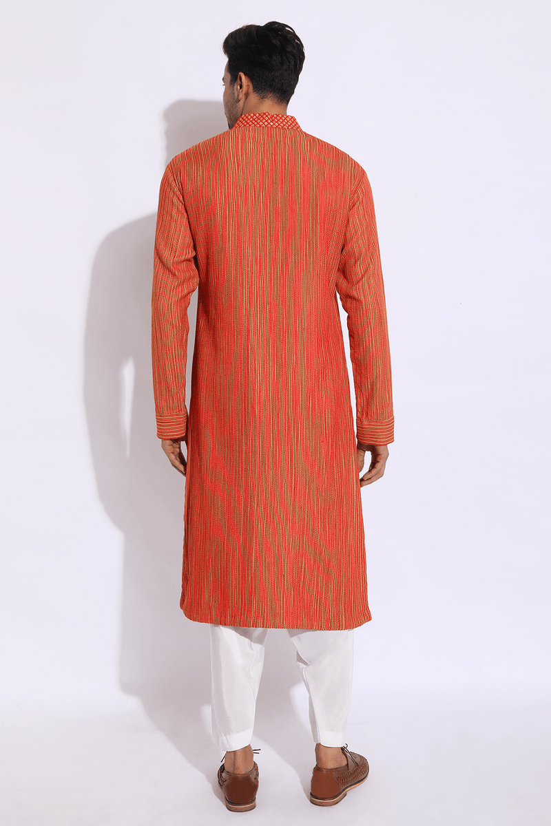 Beige with red and orange thread texture kurta set (Express Delivery) - Kunal Anil Tanna