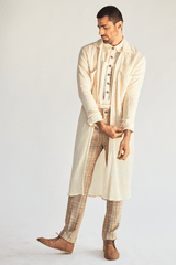 Ivory Long Shirt Jacket with Shirt and mesh faded print pants (Express Delivery) - Kunal Anil Tanna