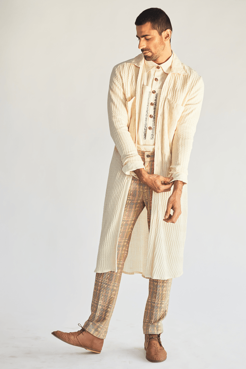 Ivory Long Shirt Jacket with Shirt and mesh faded print pants (Express Delivery) - Kunal Anil Tanna