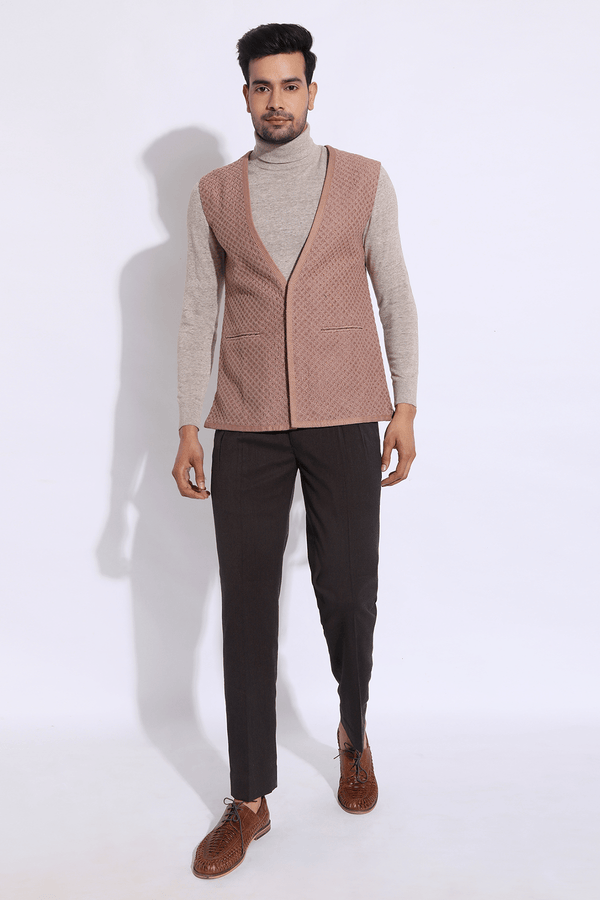 Beige textured long waist coat jacket with beige polo neck and brown trousers - Kunal Anil Tanna