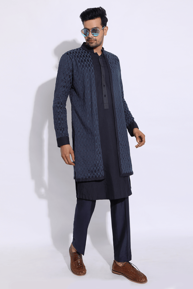 Dark Blue Mock Layered Kurta Set - Kunal Anil Tanna