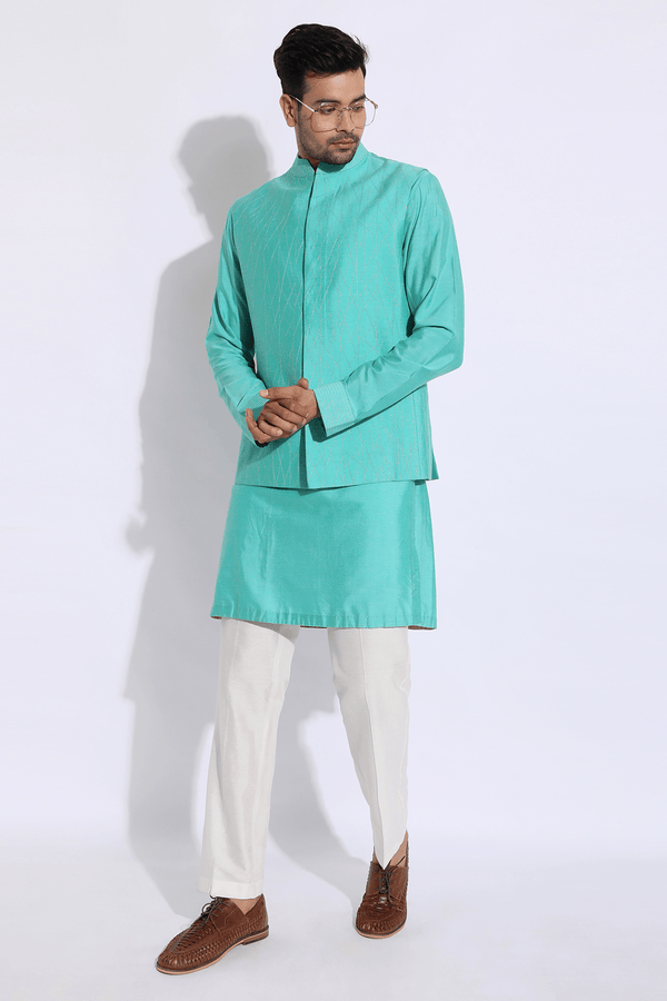 Turquoise blue with gold zari texture bandi kurta set (Express Delivery) - Kunal Anil Tanna