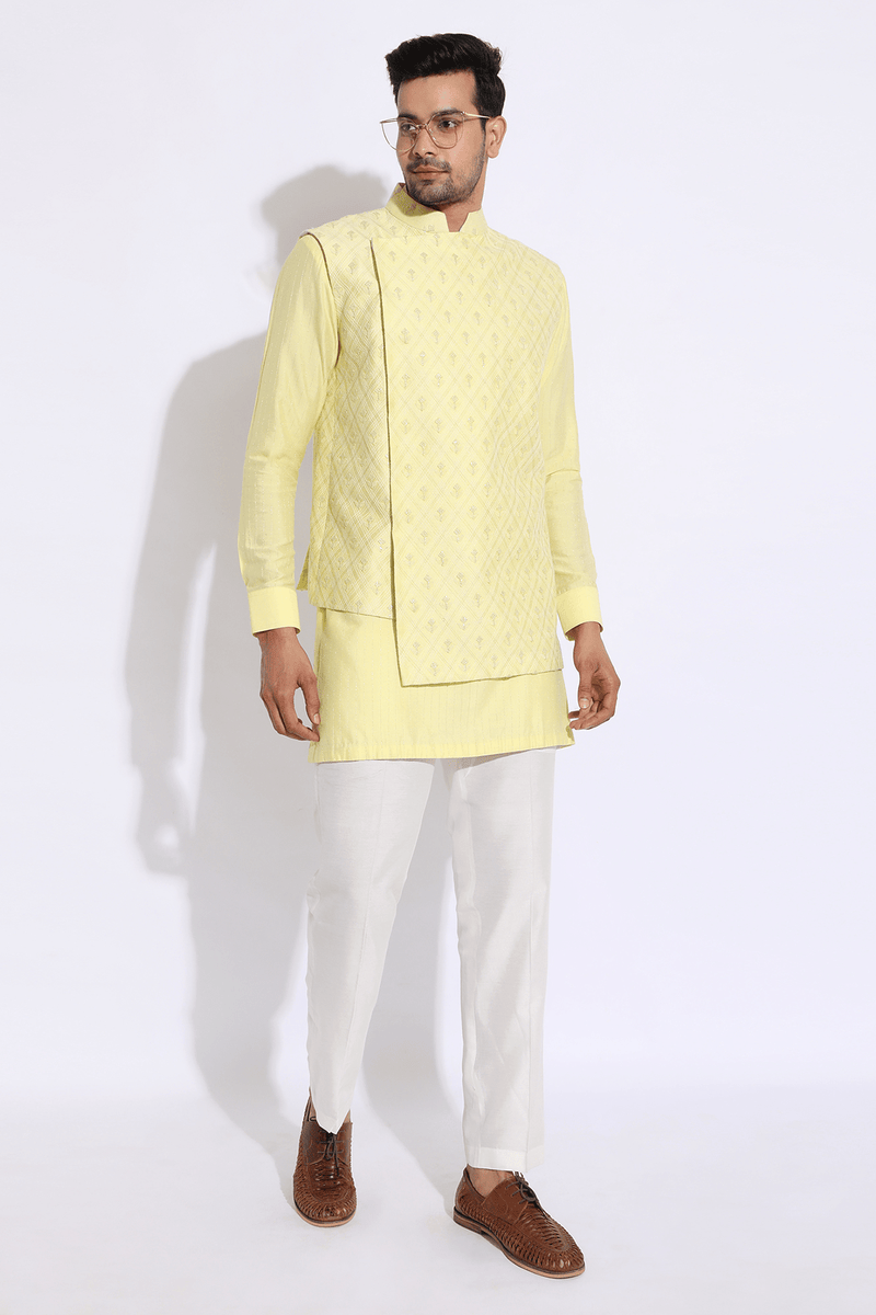 Asymmetrical Overlap Bandi Jacket with Kurta Set - Kunal Anil Tanna