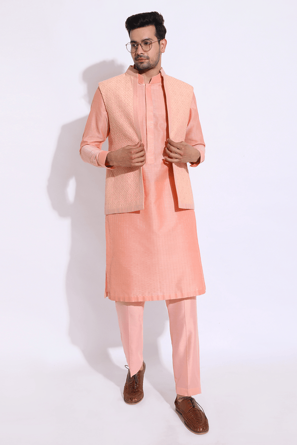 Peach thread embroidered open bandi jacket with peach kurta set - Kunal Anil Tanna