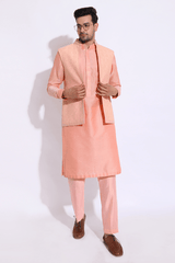Peach thread embroidered open bandi jacket with peach kurta set (Express Delivery) - Kunal Anil Tanna