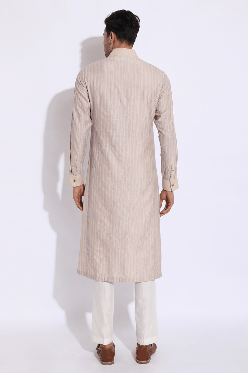 Beige with dark lilac thread texture kurta set - Kunal Anil Tanna