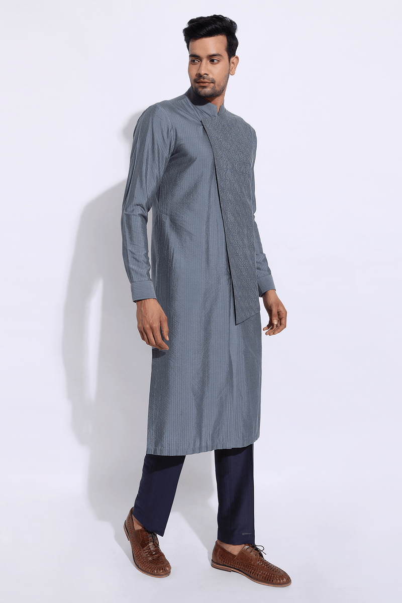 Grey asymmetrical mock layered textured kurta set (Express Delivery) - Kunal Anil Tanna