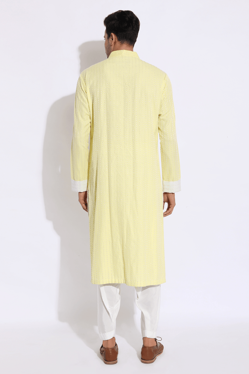 Light yellow with thread texture Kurta Set - Kunal Anil Tanna